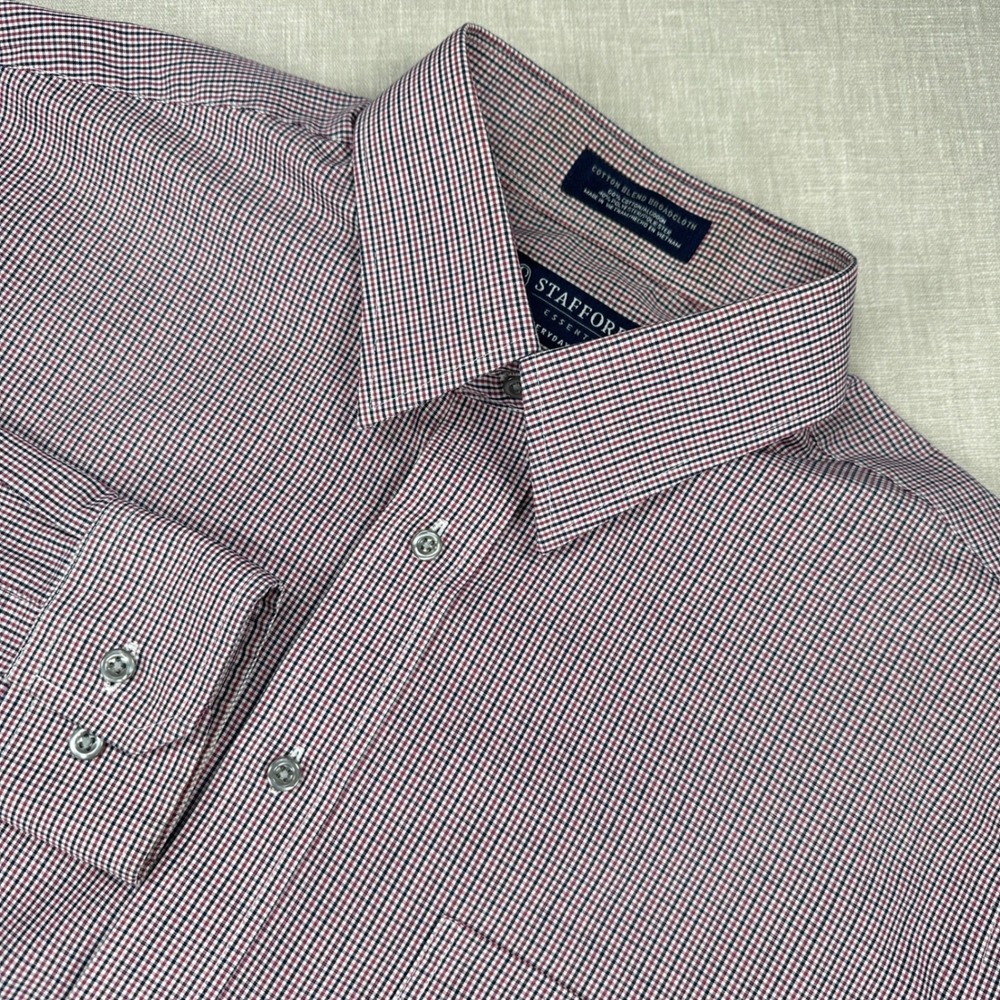 Stafford Button Down Shirt Mens 16.5 34-35 Burgundy Navy Check Fitted Broadcloth